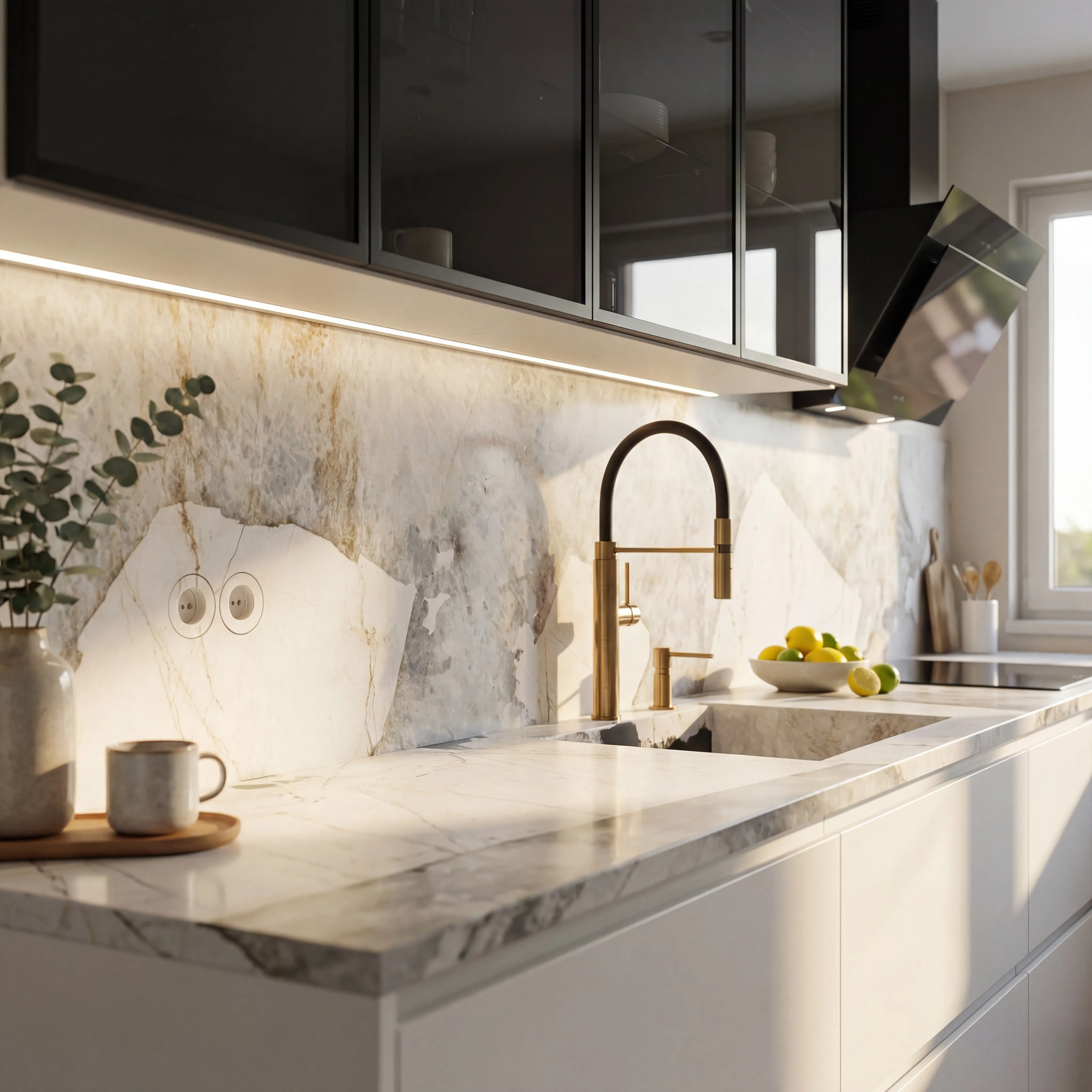 A kitchen with marble counter tops and a sink.