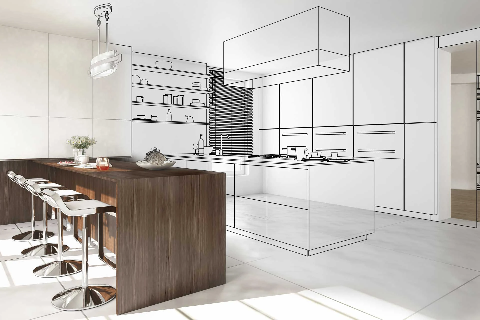 A drawing of a kitchen with bar stools.